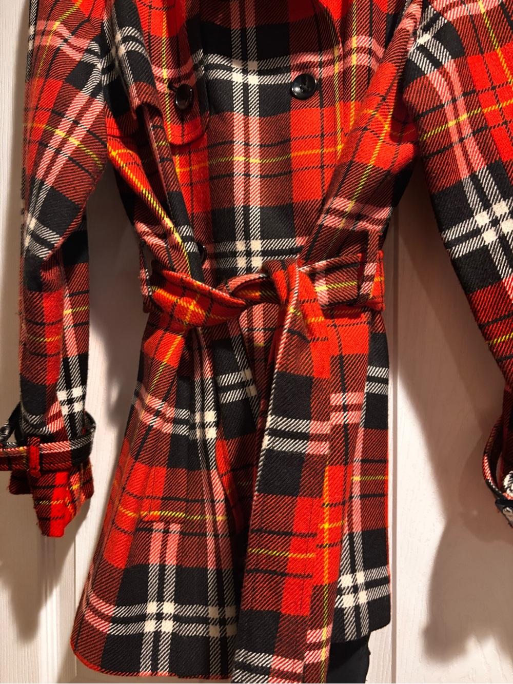 Evan Picone Red and Black Plaid Belted Trench - Picture 2 of 12